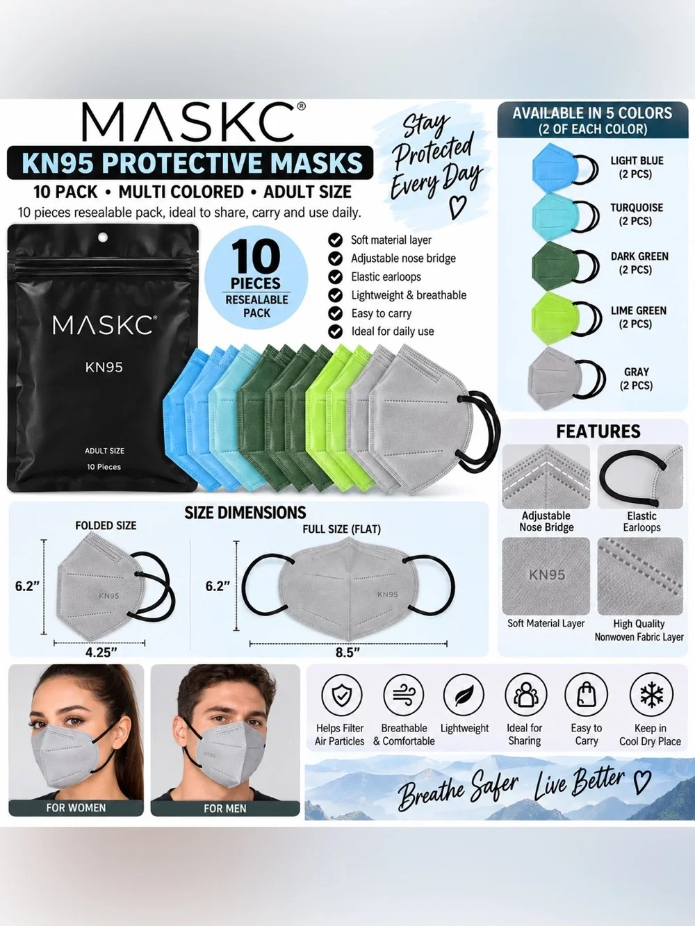 MASKC 10 PACK ADULT KN95 MASKS – MULTI COLORED (NEW WITH TAGS) A31